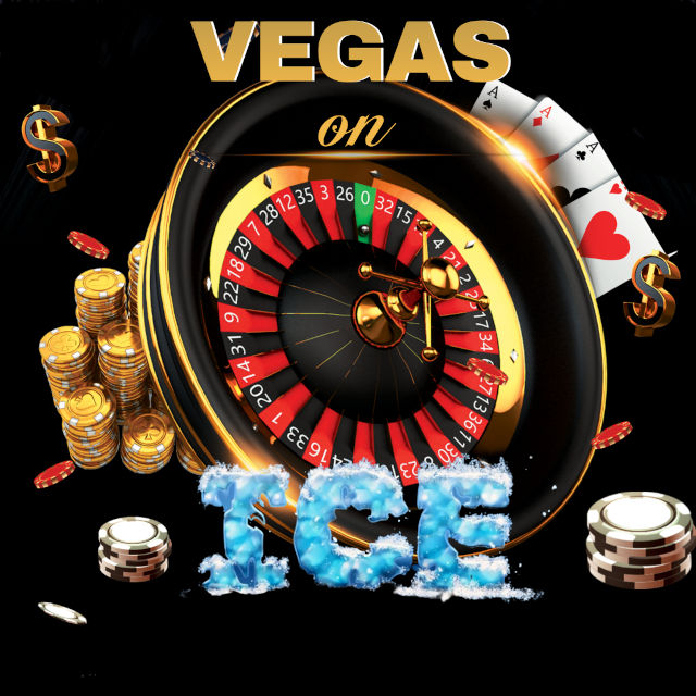 vegas on ice graphic featuring a roulette wheel, chips and playing cards