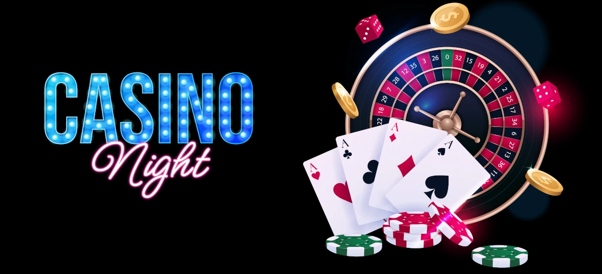 casino night image with roulette wheel chips and cards
