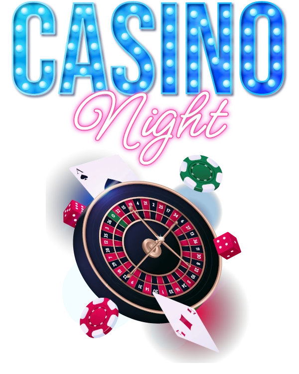 casino night image of roulette wheel, cards and chips